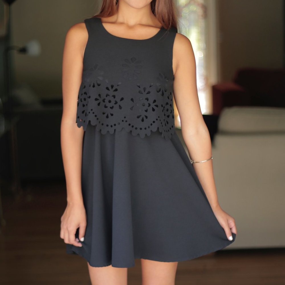Black Floral Cutout Tier A Line Dress